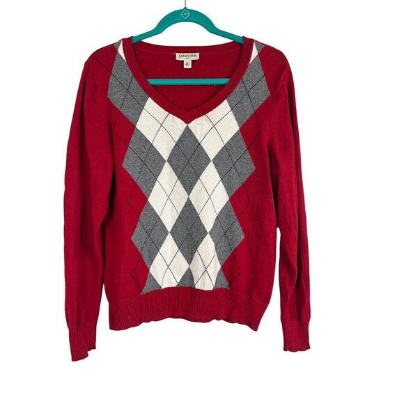 St Johns Bay Argyle Knit Sweater PL Red Preppy Varsity Retro 80s Old Money - Picture 1 of 11